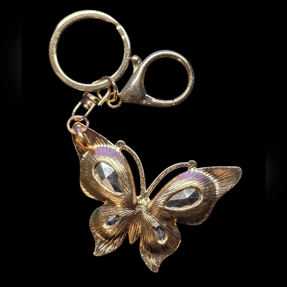 Elegant Gold Butterfly Metal Bag Charm Keychain with Black Accents